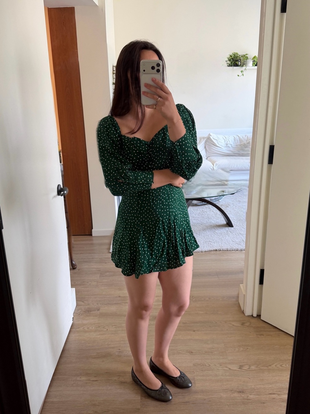 Reformation green polka dot mini dress, size 4